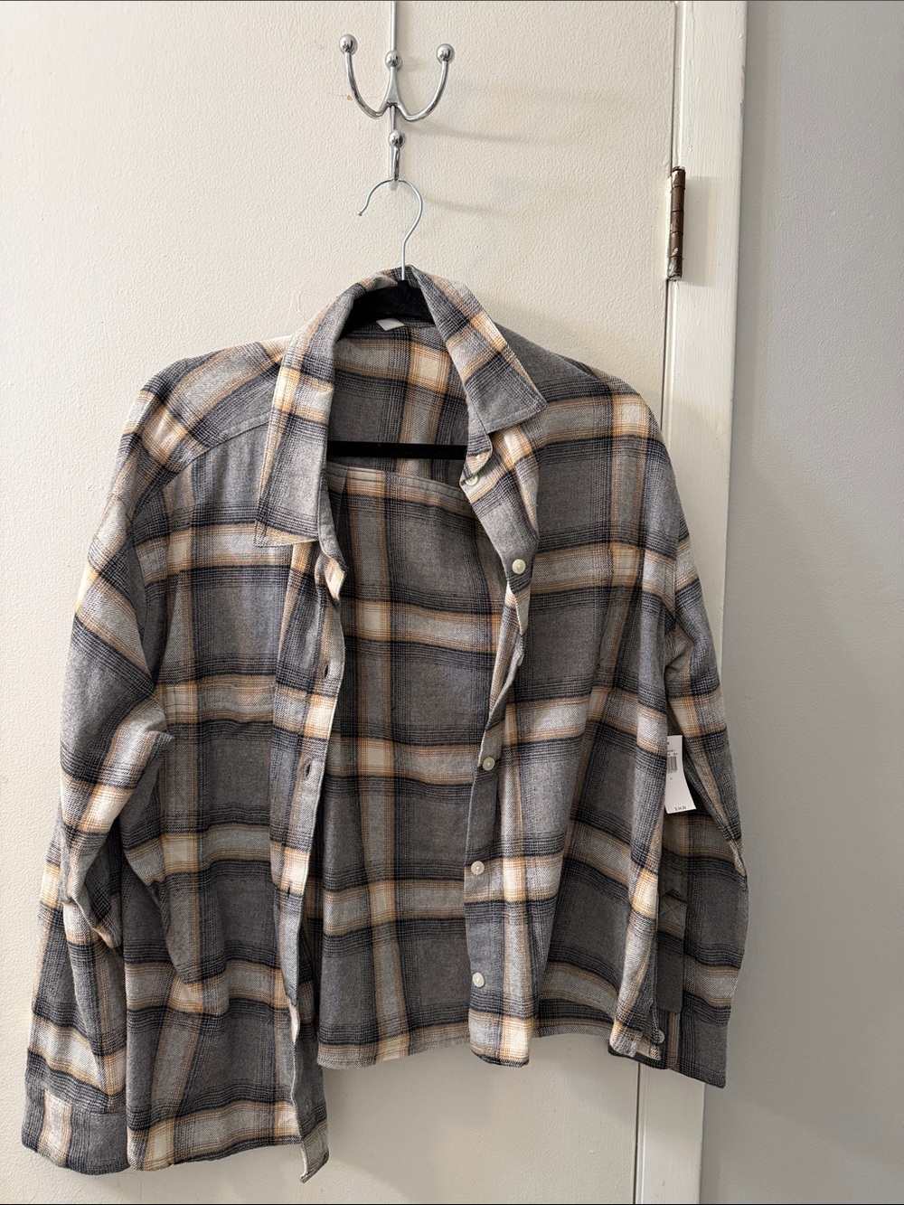 Old Navy Gray Plaid Button-Down Shirt with Cream and Tan Stripes